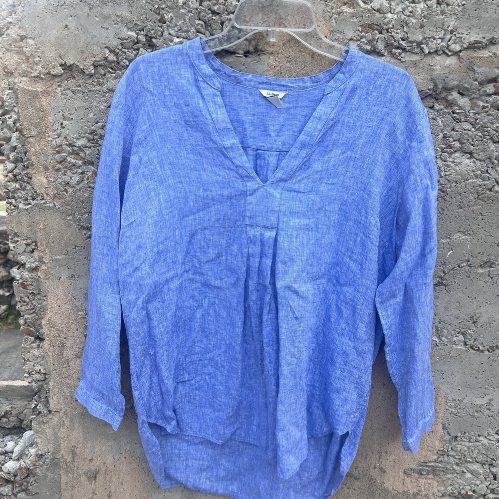 L.L. Bean Cool Blue  100% Linen Tunic Blouse Size L Washable Boho Beach Resort - Picture 8 of 10